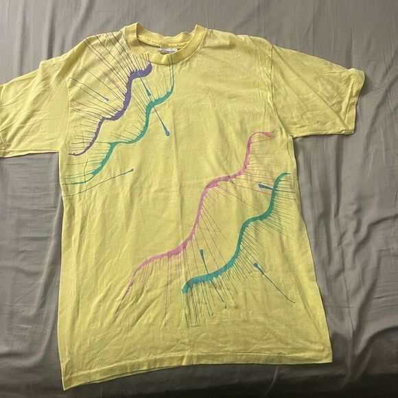 80s vintage custom canary yellow Hanes Fifty-Fifty tee shirt with splash print - Picture 2 of 12